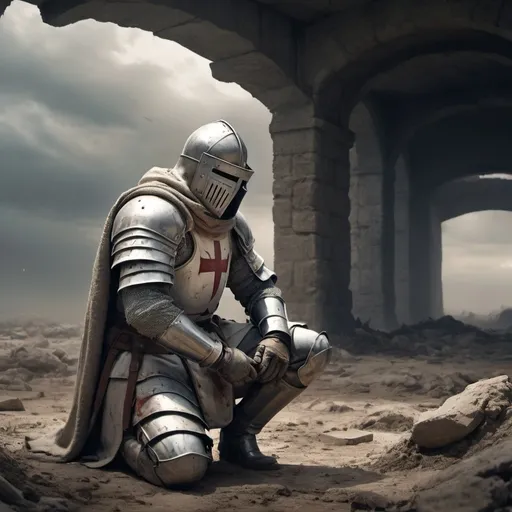 Prompt: Christian Crusader Knight Templar, kneeling for prayer, somber atmosphere, rugged battlefield, dirt and debris surrounding, emotional expression of devotion, worn gear, worn apparel, weathered face showing exhaustion and relief, muted colors, stark lighting, dramatic shadows, high tension in the background, (4K ultra-detailed), intense mood portraying reflection after heavy combat.