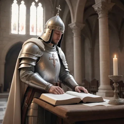 Prompt: (Photorealistic) crusader christian, helmet removed, praying over the Bible, standing at the altar, sword in hand, pastel color scheme, realism style, soft lighting, gentle hues, peaceful atmosphere, high contrast, finely detailed armor, ancient stone cathedral background, subtle shadows, 4K, ultra-detailed, serene and reverent mood.