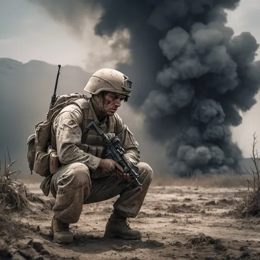 Prompt: (U.S. Infantry Marine), kneeling for prayer, somber atmosphere, rugged battlefield, dirt and debris surrounding, emotional expression of devotion, worn military gear, weathered face showing exhaustion and relief, muted colors, stark lighting, dramatic shadows, high tension in the background, (4K ultra-detailed), intense mood portraying reflection after heavy combat.