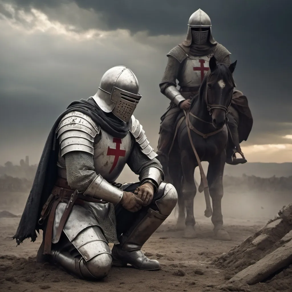 Prompt: Christian Crusader Knight Templar, kneeling for prayer, somber atmosphere, rugged battlefield, dirt and debris surrounding, dirty and worn helmet, emotional expression of devotion, worn gear, worn apparel, weathered sword, weathered face showing exhaustion and relief, muted colors, stark lighting, dramatic shadows, high tension in the background, dust and debri (4K ultra-detailed), intense mood portraying reflection after heavy combat.