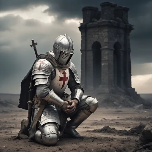 Prompt: Christian Crusader Knight Templar, kneeling for prayer, somber atmosphere, rugged battlefield, dirt and debris surrounding, emotional expression of devotion, worn military gear, weathered face showing exhaustion and relief, muted colors, stark lighting, dramatic shadows, high tension in the background, (4K ultra-detailed), intense mood portraying reflection after heavy combat.