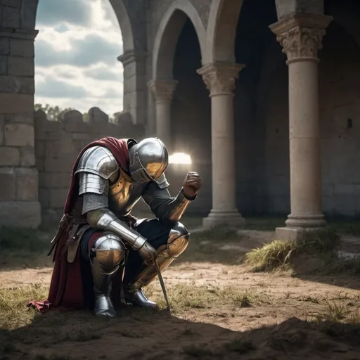 Prompt: Christian crusader knight kneeling in prayer on the battlefield, (intense emotions), cinematic lighting, (dramatic clouds), rich colors, (historical accuracy), grass and dirt scattered around, distant silhouettes of fallen soldiers, reflective moments of reverence, (highly detailed), (4K), solemn atmosphere capturing strength and devotion amidst chaos.