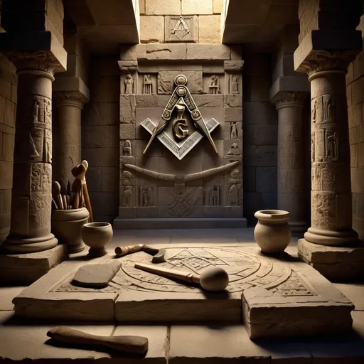 Prompt: Freemasonry antique symbol, (intricate design), stone guild, (sacred temple construction), smooth ashlar, rough ashlar, (traditional working tools), (vintage textures), earth tones, mysterious ambiance, (dramatic shadowing), (ultra-detailed), evoking craftsmanship and history, backdrop of ancient stone architecture, adding depth to the overall composition.