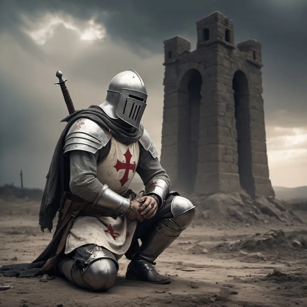 Prompt: Christian Crusader Knight Templar, kneeling for prayer, somber atmosphere, rugged battlefield, dirt and debris surrounding, emotional expression of devotion, worn gear, worn apparel, weathered sword laying on the groung, weathered face showing exhaustion and relief, muted colors, stark lighting, dramatic shadows, high tension in the background, (4K ultra-detailed), intense mood portraying reflection after heavy combat.