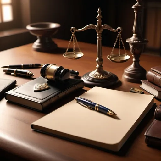 Prompt: Police officer desk, (badge), (justice scales), (fountain pen), photorealistic, dramatic lighting, deep shadows, warm tones, sense of authority, leather-bound notebook open nearby, wooden desk with rich textures, background showing blurred office environment, subtle details of professionalism, high-quality, 4K, ultra-detailed.