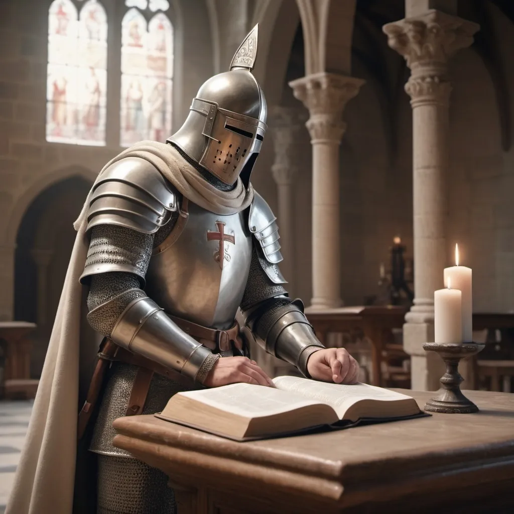 Prompt: (Photorealistic) crusader christian knight, helmet removed, praying over the Bible, standing at the altar, sword in hand, pastel color scheme, realism style, soft lighting, gentle hues, peaceful atmosphere, high contrast, finely detailed armor, ancient stone cathedral background, subtle shadows, 4K, ultra-detailed, serene and reverent mood.