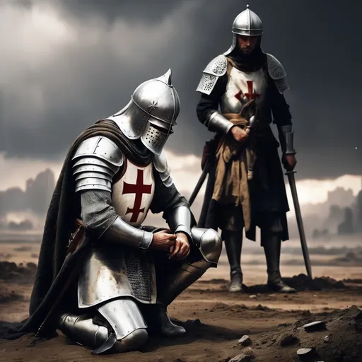 Prompt: Christian Crusader Knight Templar, kneeling for prayer, somber atmosphere, rugged battlefield, dirt and debris surrounding, emotional expression of devotion, worn gear, worn helmet, worn apparel, weathered sword laying on the ground, weathered face showing exhaustion and relief, muted colors, stark lighting, dramatic shadows, high tension in the background, (4K ultra-detailed), intense mood portraying reflection after heavy combat.