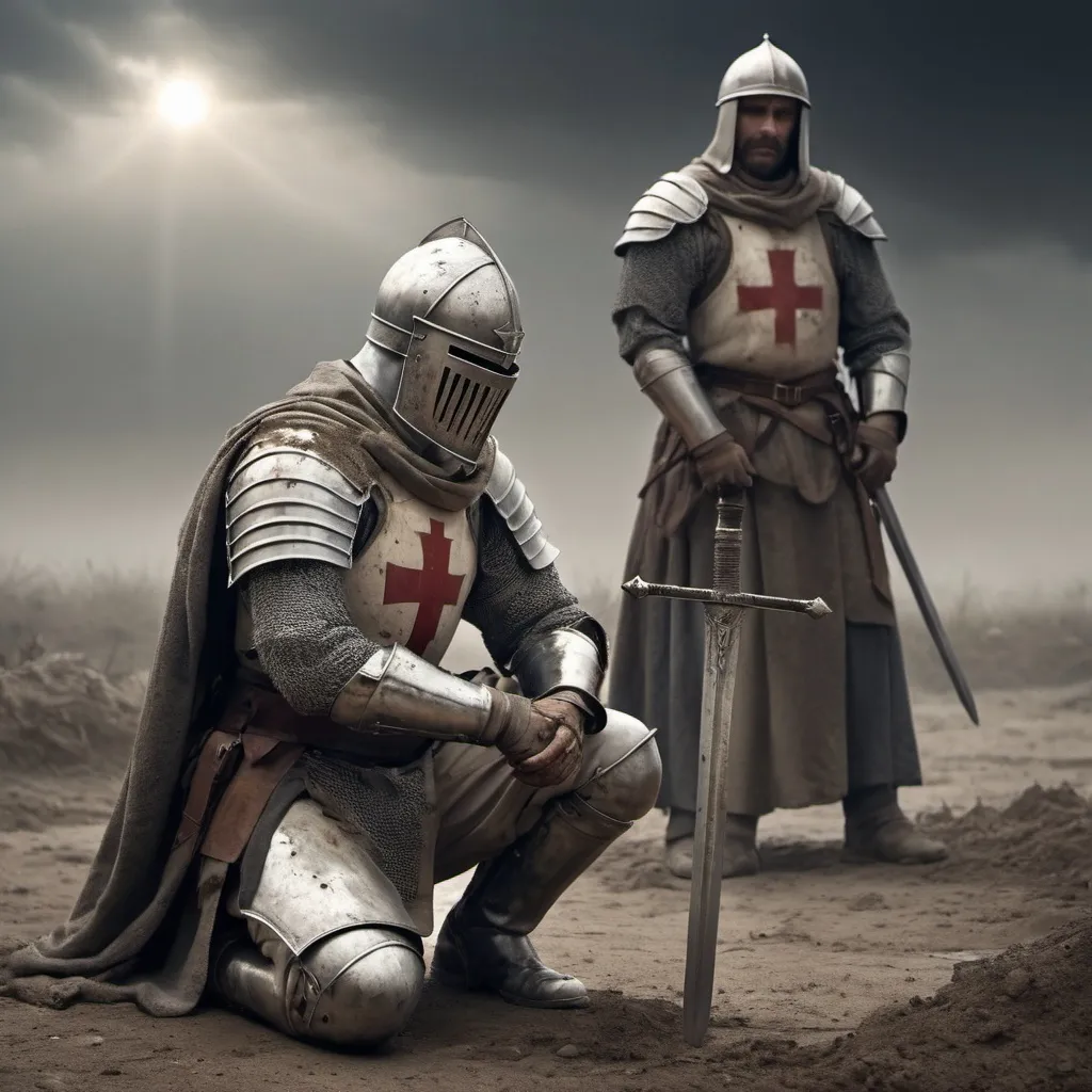 Prompt: Christian Crusader Knight Templar, kneeling for prayer, somber atmosphere, rugged battlefield, dirt and debris surrounding, dirty and worn helmet, emotional expression of devotion, worn gear, worn apparel, weathered sword, weathered face showing exhaustion and relief, muted colors, stark lighting, dramatic shadows, high tension in the background, dust and debri (4K ultra-detailed), intense mood portraying reflection after heavy combat.