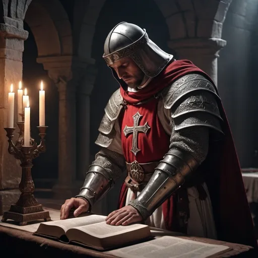 Prompt: Warrior Knight Templar
Praying over the Bible at an altar
