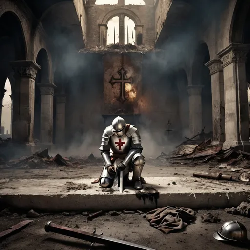 Prompt: (Christian Crusader Knight Templar) kneeling in prayer, battlefield littered with debris, dead bodies, smoke in the air, destroyed buildings in the background, rusted sword clutched tightly, worn helmet and armor detailing, gritty and grim atmosphere, evocative lighting highlighting the devastation, ultra-detailed, emotional depth, high resolution.(worn antique Freemasonry symbol), 