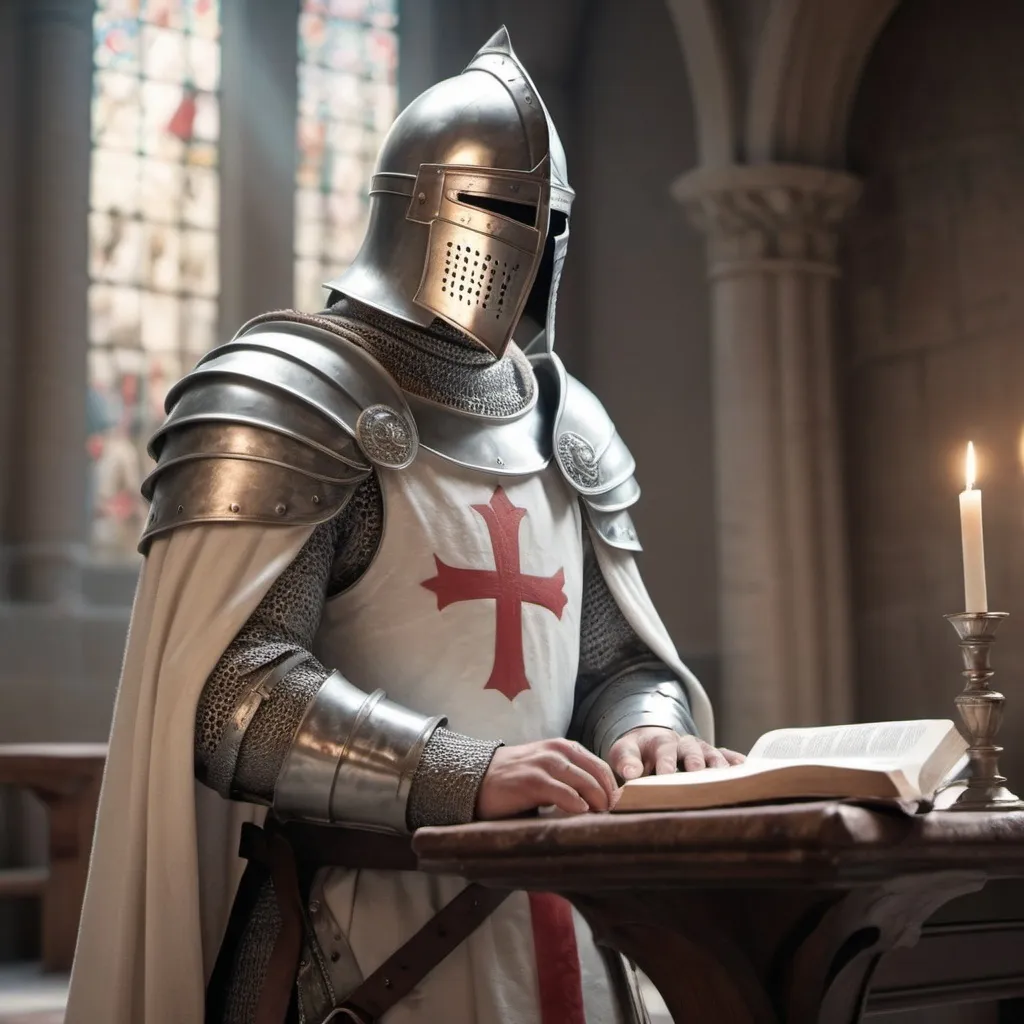 Prompt: (Photorealistic) Warrior Knight Templar, helmet removed, praying over the Bible, standing at the altar, sword in hand, pastel color scheme, realism style, soft lighting, gentle hues, peaceful atmosphere, high contrast, finely detailed armor, ancient stone cathedral background, subtle shadows, 4K, ultra-detailed, serene and reverent mood.