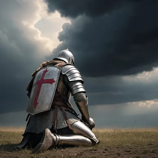 Prompt: Christian crusader knight kneeling in prayer on the battlefield, (intense emotions), cinematic lighting, (dramatic clouds), rich colors, (historical accuracy), grass and dirt scattered around, distant silhouettes of fallen soldiers, reflective moments of reverence, (highly detailed), (4K), solemn atmosphere capturing strength and devotion amidst chaos.