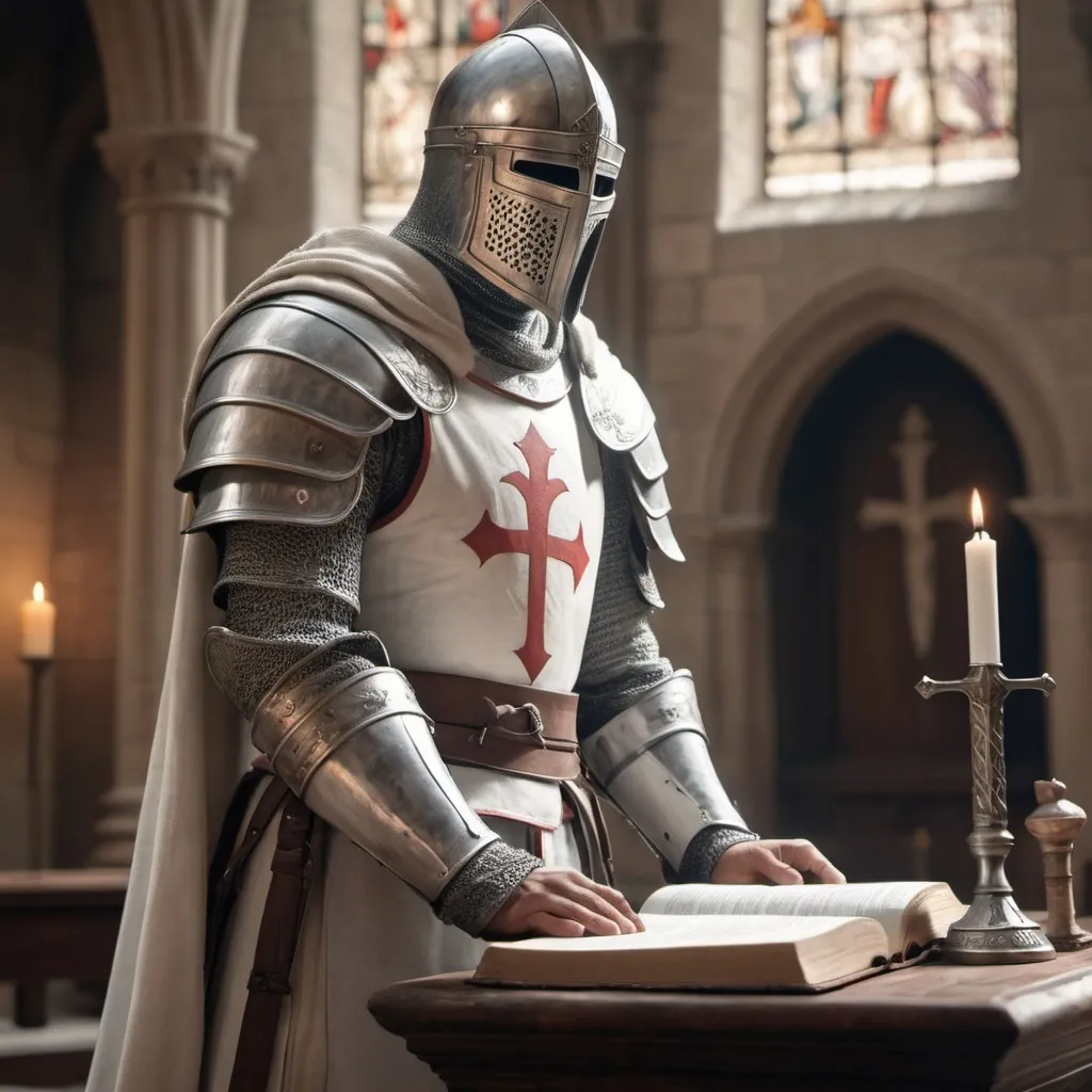 Prompt: (Photorealistic) Warrior Knight Templar, no helmet praying over the Bible, standing at the altar, sword in hand, pastel color scheme, realism style, soft lighting, gentle hues, peaceful atmosphere, high contrast, finely detailed armor, ancient stone cathedral background, subtle shadows, 4K, ultra-detailed, serene and reverent mood.