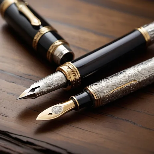 Prompt: (traditional fountain pen), vintage styles, elegant design, gold and silver accents, muted earthy tones, classic and refined, dark wood backgrounds, detailed calligraphy strokes, photorealistic representation, intricate details, high-definition, macro shot, soft ambient lighting, sophisticated atmosphere, antique feel, ultra-detailed, high resolution, timeless beauty