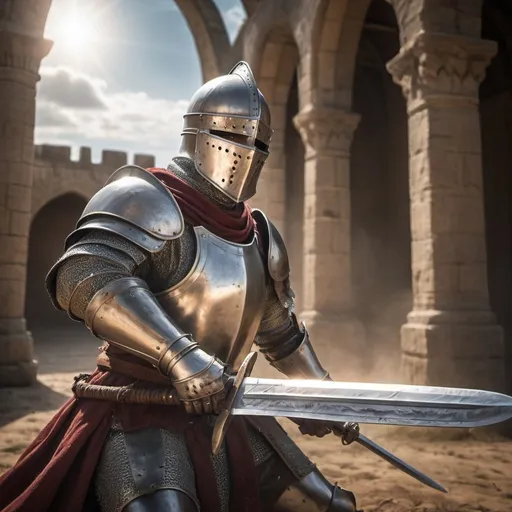 Prompt: Christian Crusader knight in combat, (dynamic pose), detailed armor glistening under bright sunlight, gripping a sword with determination, battle-scarred, swirling dust around, intense atmosphere, medieval battlefield backdrop, dramatic clouds overhead, engaged with an unseen opponent, (vivid colors), (ultra-detailed), sweat glistening on forehead, focus on fierce expression, conveying valor and bravery, high-quality scene.