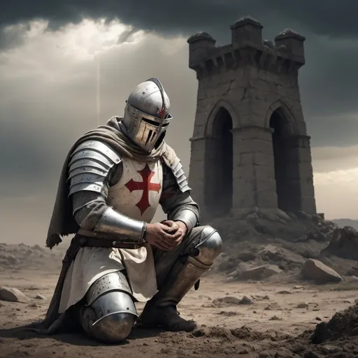 Prompt: Christian Crusader Knight Templar, kneeling for prayer, somber atmosphere, rugged battlefield, dirt and debris surrounding, emotional expression of devotion, worn gear, worn apparel, weathered sword laying on the ground, weathered face showing exhaustion and relief, muted colors, stark lighting, dramatic shadows, high tension in the background, dust and debri (4K ultra-detailed), intense mood portraying reflection after heavy combat.