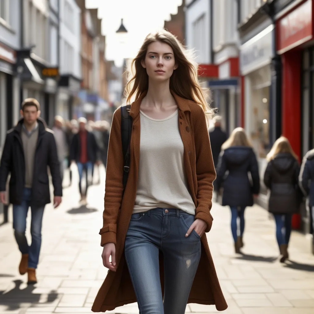 Prompt: Tall young woman walking down the high street, detailed clothing, realistic, natural lighting