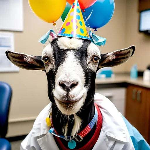 Prompt: A goat in a doctor's office getting a nose reduction surgery wearing a birthday hat with streamers and party balloons 