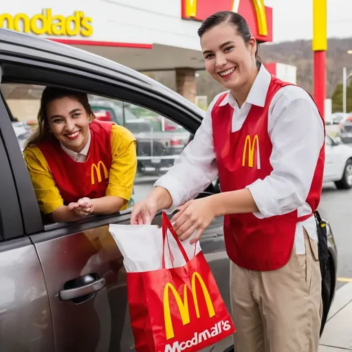 Prompt: They pull up to the drive-thru window. The McDonald’s staff, with a warm smile, hands over a bag with the McDonald's logo.