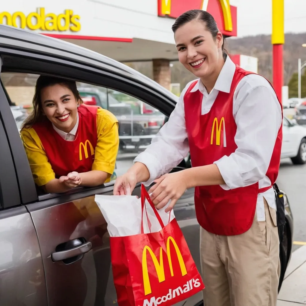 Prompt: They pull up to the drive-thru window. The McDonald’s staff, with a warm smile, hands over a bag with the McDonald's logo.