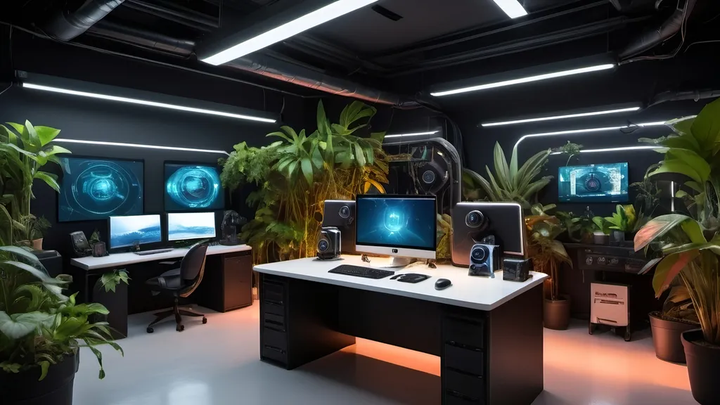 Prompt: An ultra HD, 4K resolution studio with impeccable lighting, surrounded by lush, flourishing plants. The space features an array of cutting-edge, science fiction-inspired computer gear, including immersive VR setups, kinetic displays, and sleek neon accents, creating a futuristic and stylish environment.