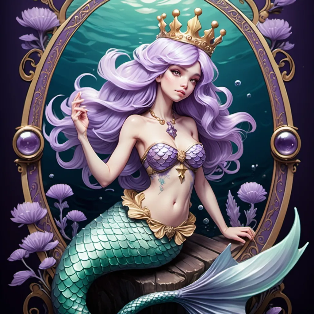 Prompt: tarot card Anime illustration, a lavender haired mermaid, detailed ornate mermaid tail and crown, dramatic lighting