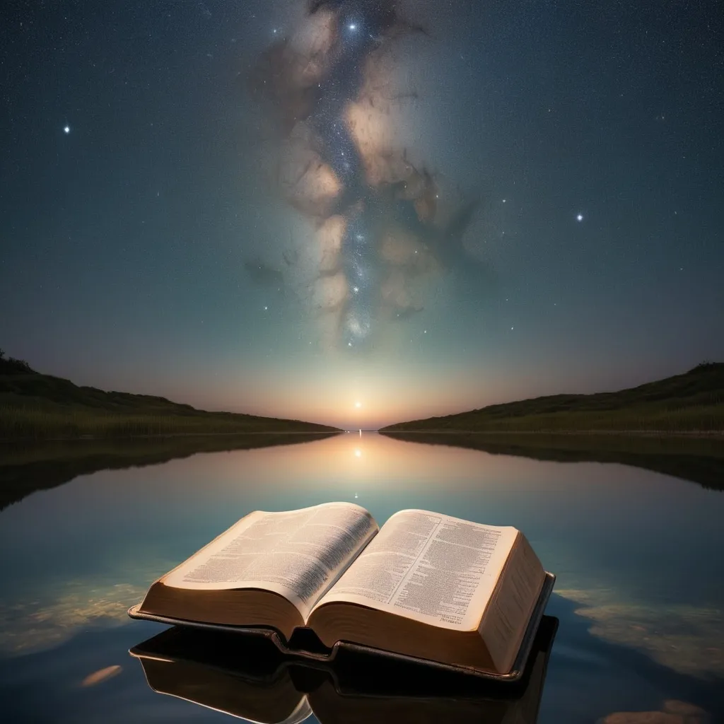 Prompt: 
"O céu estrelado refletido sobre águas calmas, com uma Bíblia aberta em primeiro plano, irradiando uma luz suave e celestial."