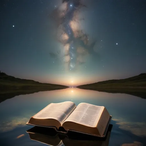 Prompt: 
"O céu estrelado refletido sobre águas calmas, com uma Bíblia aberta em primeiro plano, irradiando uma luz suave e celestial."