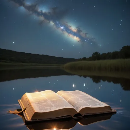 Prompt: 
"O céu estrelado refletido sobre águas calmas, com uma Bíblia aberta em primeiro plano, irradiando uma luz suave e celestial."
