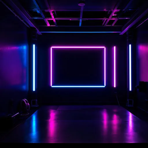Prompt: "Um setup gamer futurista e vazio, com iluminação em tons vibrantes de azul, roxo e rosa. O ambiente conta com uma estante de fundo, luzes LED verticais ao fundo, criando um clima high-tech e imersivo. com design arrojado complementam a cena, refletindo as luzes coloridas que dão um aspecto neon e tecnológico ao espaço. destacando o ambiente preparado para streaming ou gravação de conteúdo." imagem de fundo de sala