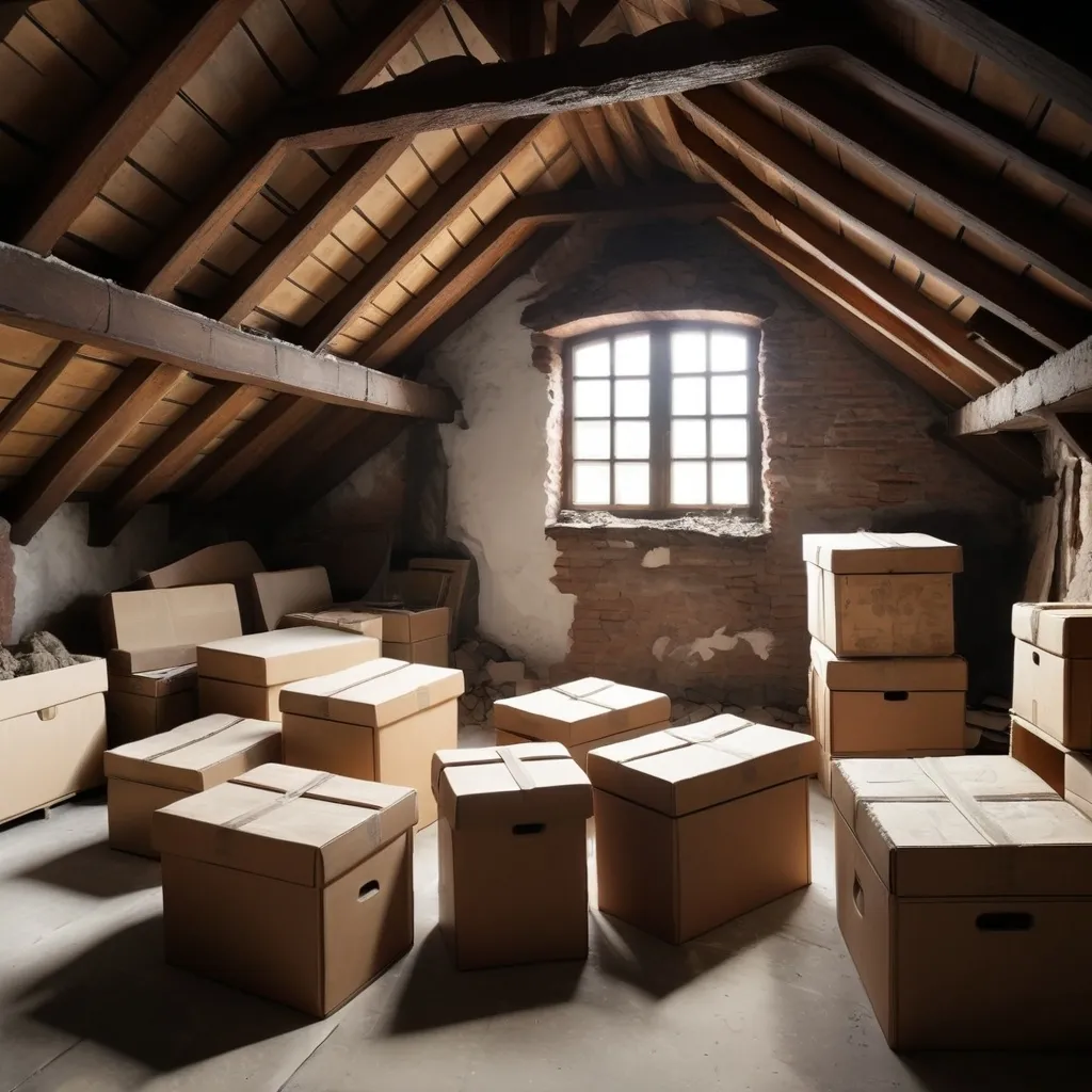 Prompt: Dusty attic with wooden beams and old boxes
