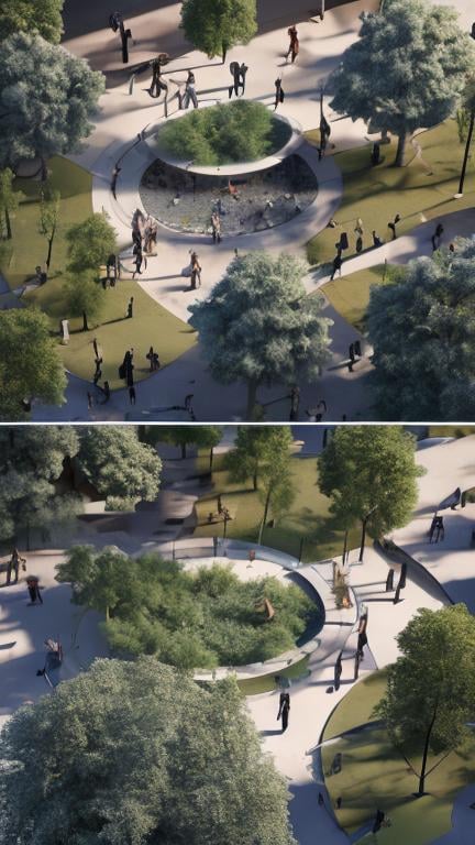 Prompt: public space,trees,animals,peoples,architectural diagrams,3d blender render