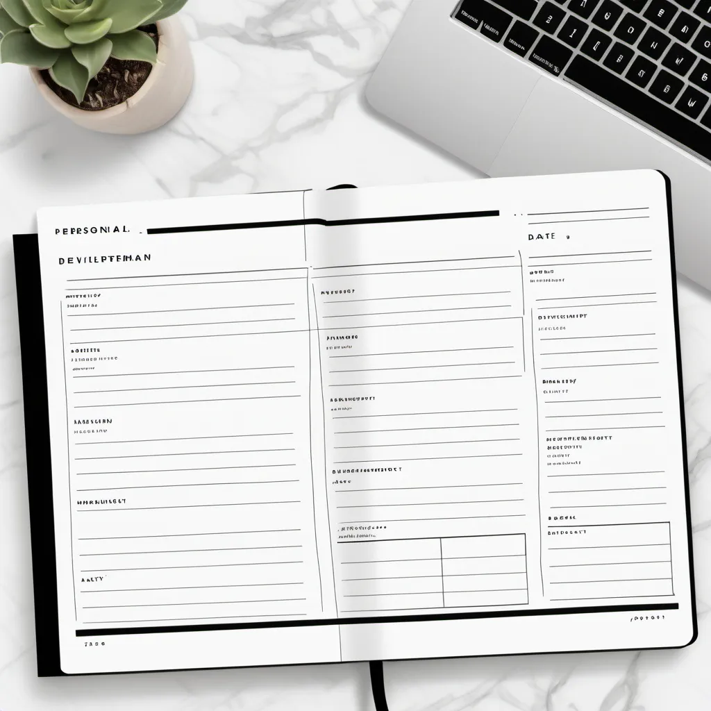 Prompt: {
  "size": "1792x1024",
  "prompt": "A personal development daily agenda on an 8.5x11 inch landscape layout. The page has a clean, organized design with sections for the date, vision statement, core values, mission statement, and daily goals at the top left. Below these sections, the rest of the page is filled with time blocks from 5:00 AM to 9:00 PM, in 30-minute intervals, with space for writing in each block. The time blocks are organized in vertical columns, with subtle gridlines for structure. The layout is minimalistic and elegant, with ample space for handwriting, and clean lines for a modern, professional look."
}Here is the visual version of your **Personal Development Daily Agenda** layout! It includes all the sections you requested, with time blocks from 5 AM to 9 PM, and spaces for your vision, values, mission, and daily goals.

Feel free to let me know if you would like any adjustments or further customization!