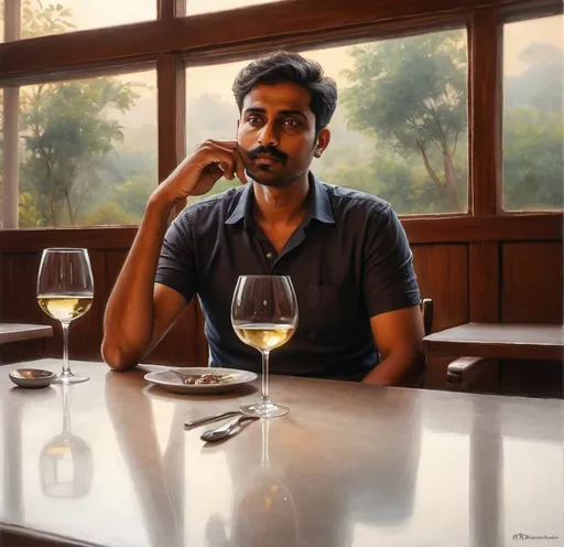 Prompt: a man sitting at a table with a wine glass and a spoon on it, in front of a window, Bikash Bhattacharjee, samikshavad, jayison devadas, a photocopy