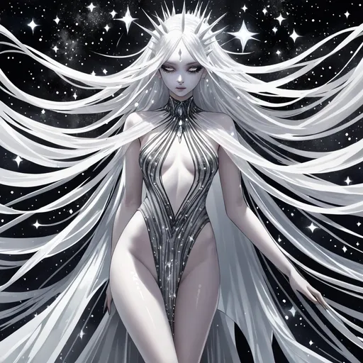 Prompt: A luminous celestial being with iridescent white skin, ethereal spiky white hair cascading down in mesmerizing strands, striking diamond-shaped white pupils accentuated by thick black eyelashes. Adorned in a sleek, long translucent white dress with dual thigh-high slits, revealing a form-fitting white and grey leotard underneath. Draped in an ethereal cape emblazoned with shimmering black and grey stripes, adorned with radiant diamond fragments and celestial star patterns. Completing the look with intricate high-heeled dress sandals, every step leaving a trail of stardust.