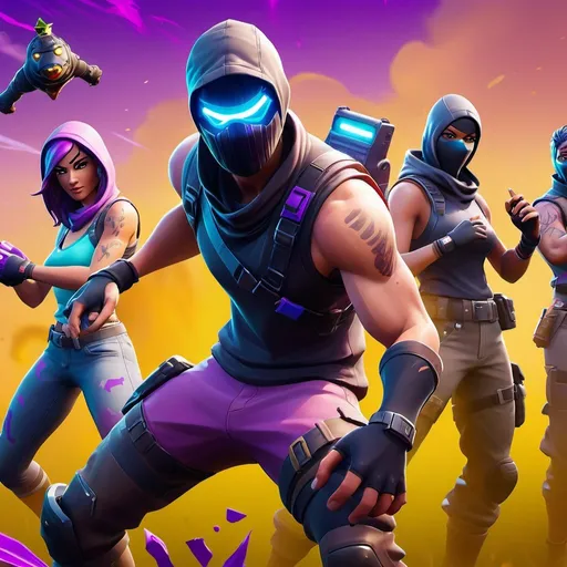 Prompt: High-energy digital illustration of intense Fortnite gameplay, vibrant colors, dynamic action shots, detailed character designs, epic landscapes, top-tier quality, digital art, vibrant colors, action-packed, intense gameplay, dynamic poses, detailed textures, professional lighting