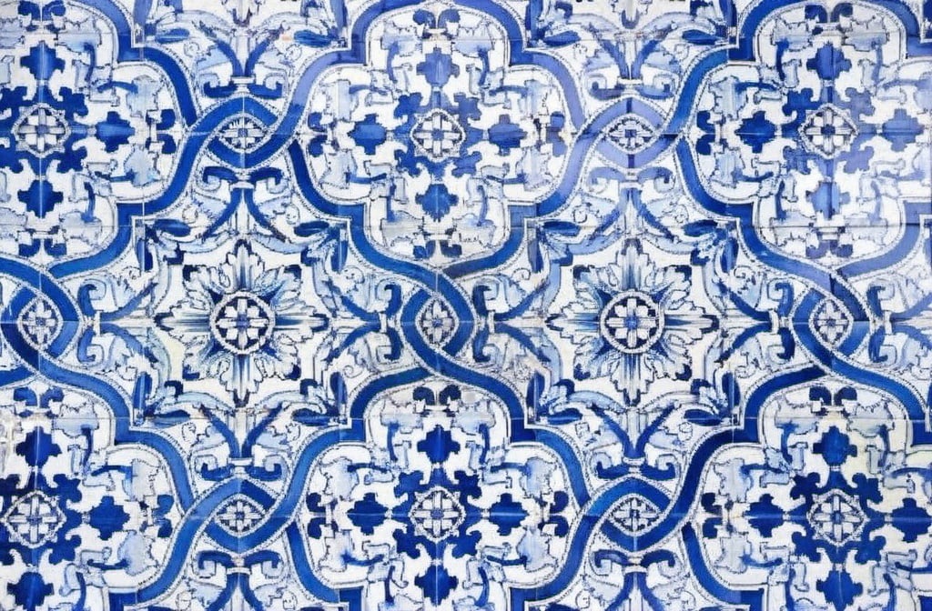 Prompt: a blue and white tile with a pattern of flowers and leaves on it's surface, with a blue border, Ai Weiwei, qajar art, ornamental, a mosaic, portuguese inspired tile