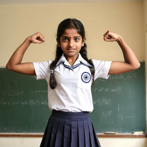 Prompt: An indian schoolgirl in school uniform flexing her biceps