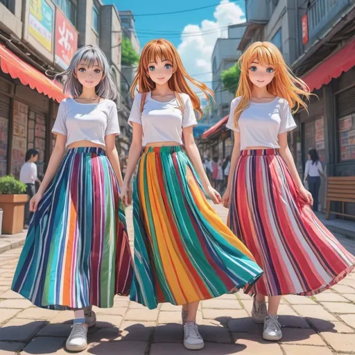 Prompt: Many anime girls wearing maxi long striped skirts.