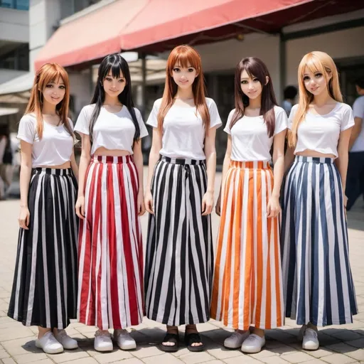 Prompt: Many anime girls wearing maxi long striped skirts.