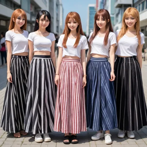 Prompt: Many anime girls wearing maxi long striped skirts.