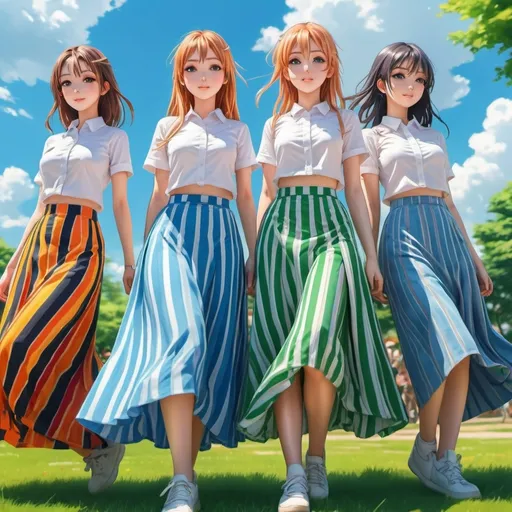 Prompt: Many anime girls wearing maxi long striped skirts.