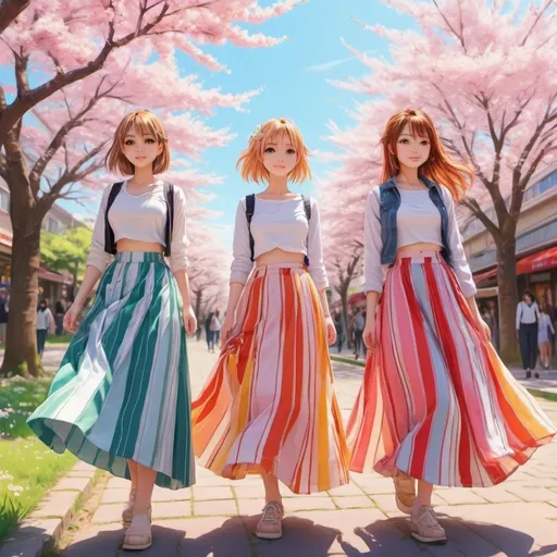 Prompt: Many anime girls wearing maxi long striped skirts.