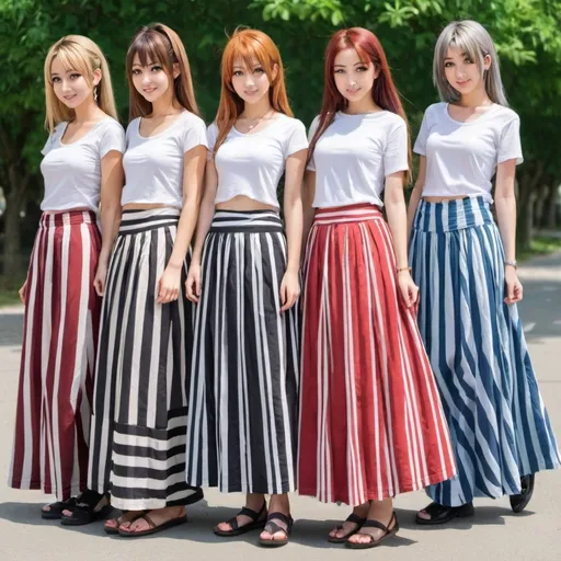 Prompt: Many anime girls wearing maxi long striped skirts.