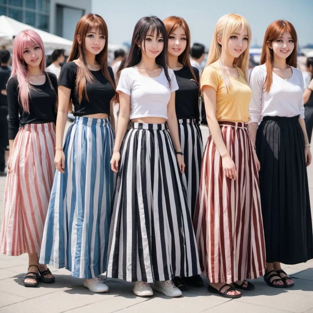 Prompt: Many anime girls wearing maxi long striped skirts.