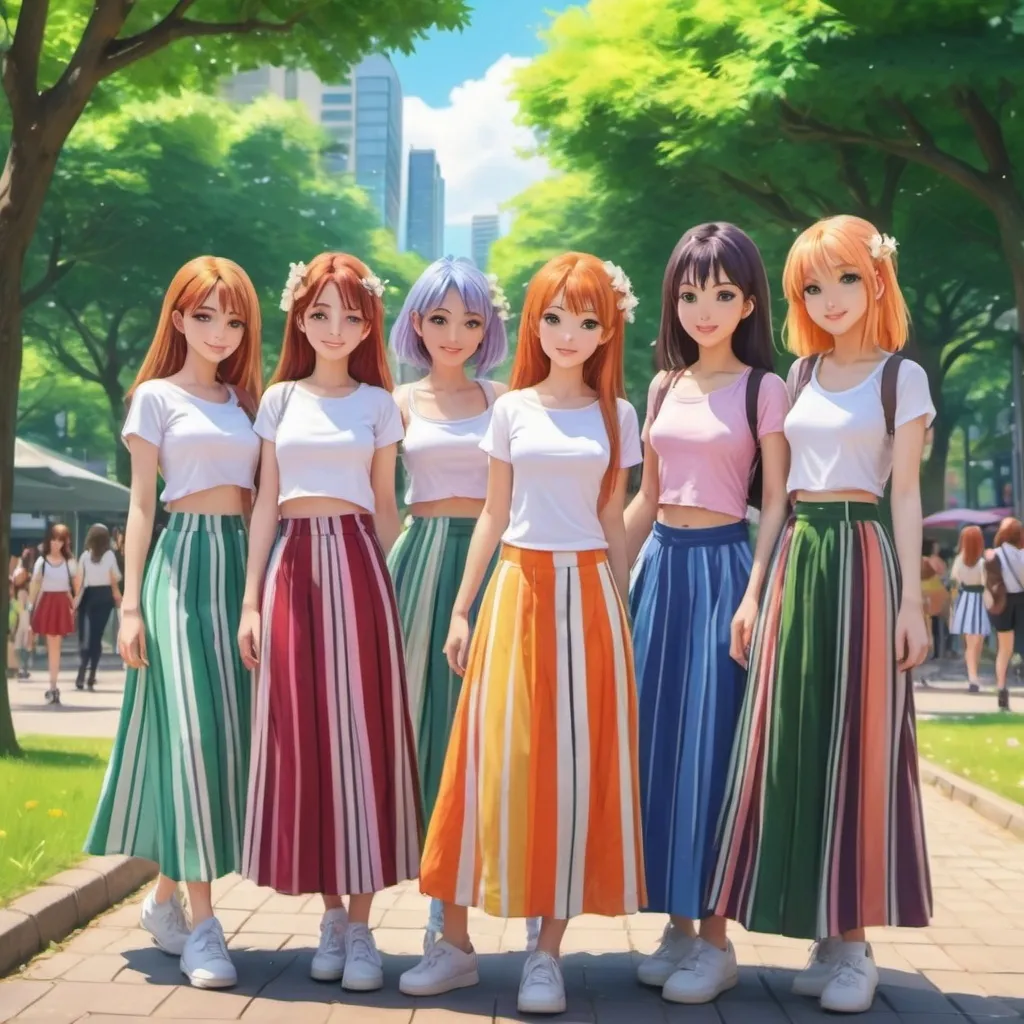 Prompt: Many anime girls wearing maxi long striped skirts.