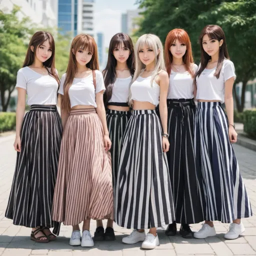 Prompt: Many anime girls wearing maxi long striped skirts.