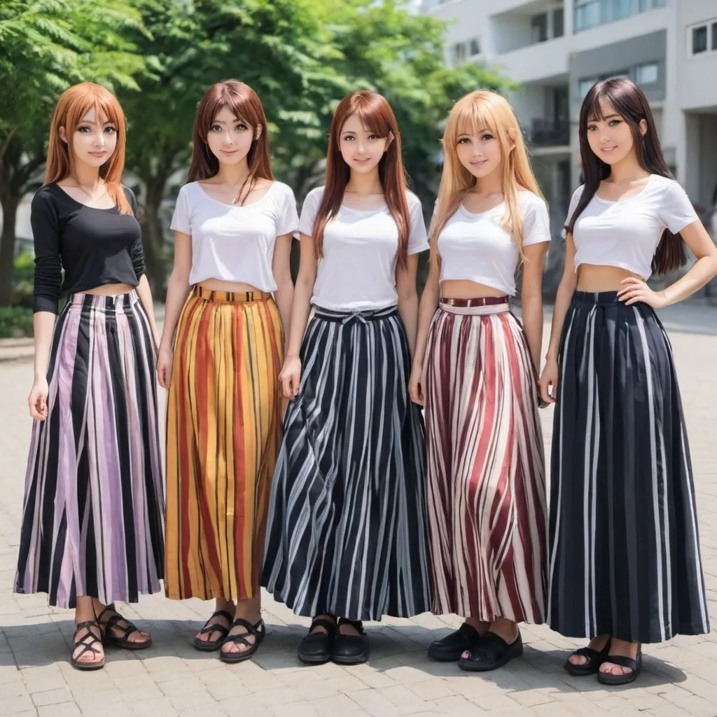 Prompt: Many anime girls wearing maxi long striped skirts.