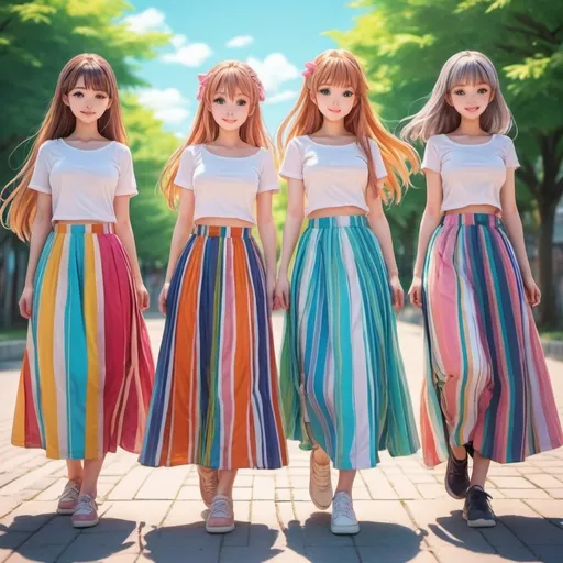 Prompt: Many anime girls wearing maxi long striped skirts.