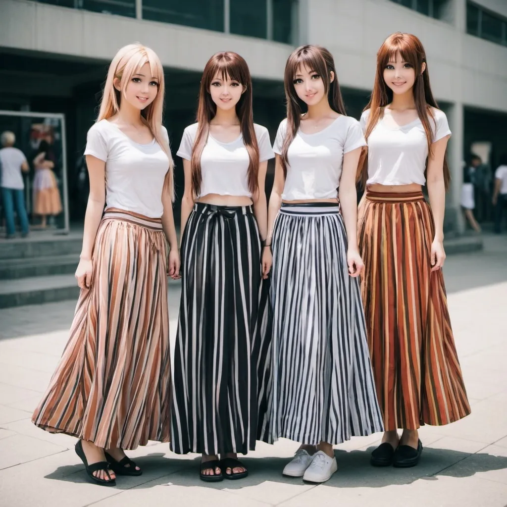 Prompt: Many anime girls wearing maxi long striped skirts.